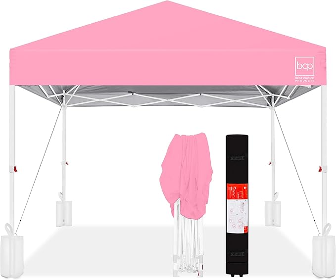 Best Choice Products 8x8ft 1-Person Setup Pop Up Canopy Tent Instant Portable Shelter w/ 1-Button Push, Case, 4 Weight Bags - Pink/White