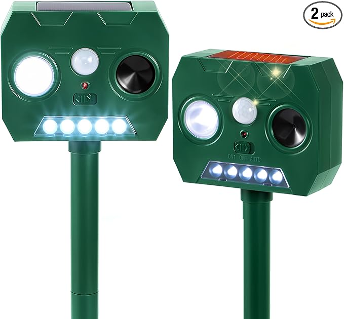 Solar Ultrasonic Animal Repellent Outdoor, 2 Pack Cat Squirrel Raccoon Bird Dog Deer Repellent Devices with PIR Motion Sensor ＆ LED Flash, Waterproof Animal Deterrent for Garden Yard Farm