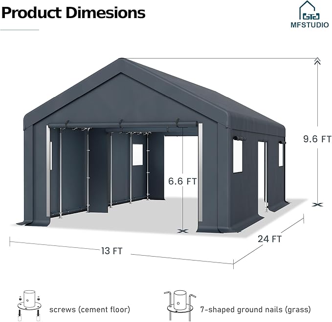 MFSTUDIO 13x24 Heavy Duty Carport, Outdoor Shades Portable Storage Shelter Garage with Rolled up Zipper Doors, Extra Large Car Canopy Tent with Roll-up Sidewalls for Boat Truck Party