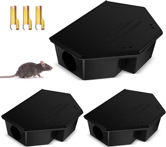 Qualirey 3 Pcs Rat Bait Station with Keys 13.58 x 8.98 x 3.35 Inch Rodent Station Rat Traps, Keeps Children and Pets Safe Indoor and Outdoor, Bait Not Included (Black)