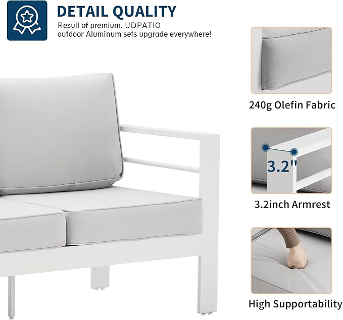 UDPATIO 8 Piece Aluminum Patio Furniture Set, Oversized Modern Outdoor Furniture Set with Olefin Fabric Cushion for Patio Deck Backyard, White(with Waterproof Covers)