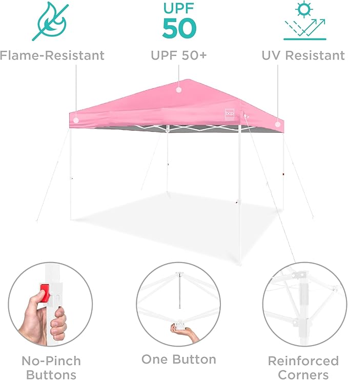 Best Choice Products 8x8ft 1-Person Setup Pop Up Canopy Tent Instant Portable Shelter w/ 1-Button Push, Case, 4 Weight Bags - Pink/White