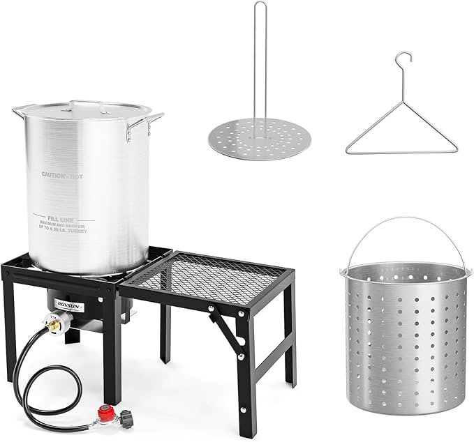 ROVSUN 30QT Turkey Fryer & 100,000BTU Propane Gas Stove with Foldable Shelf, Aluminum Outdoor Deep Fryer & Seafood Boiler Steamer with Basket, Turkey Rack & Lifter for Backyard Cooking Boiling Frying