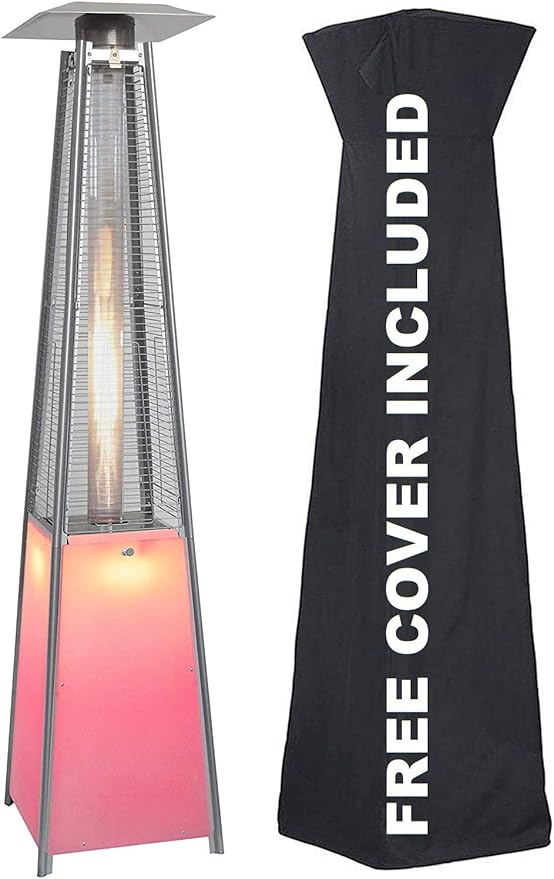 Avenlur Pyramid Patio Heater, 48,000 BTU Outdoor Propane Heater with Quartz Glass Tube, Cover, Ignition & Wheels — Freestanding Gas Heater for Backyard, Deck & Patio (LED Lights)