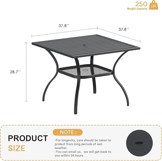 VICLLAX 37.8" Square Outdoor Patio Table, All Weather Metal Outdoor Dining Table for Lawn Garden, Black Tabletop