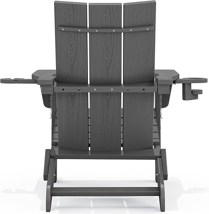 SERWALL Outdoor HDPE Modern Adirondack Chair，Folding Adirondack Chair with Cup Holders, All Weather Resistant Fire Pit Chair, Gray
