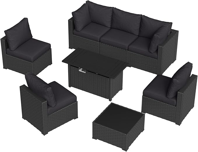Aoxun 8 Piece Patio Furniture Set with 44” Fire Pit Table Wicker Rattan Patio Sectional Sofa Set Outdoor Seating Furniture with Thickened Cushion, Black