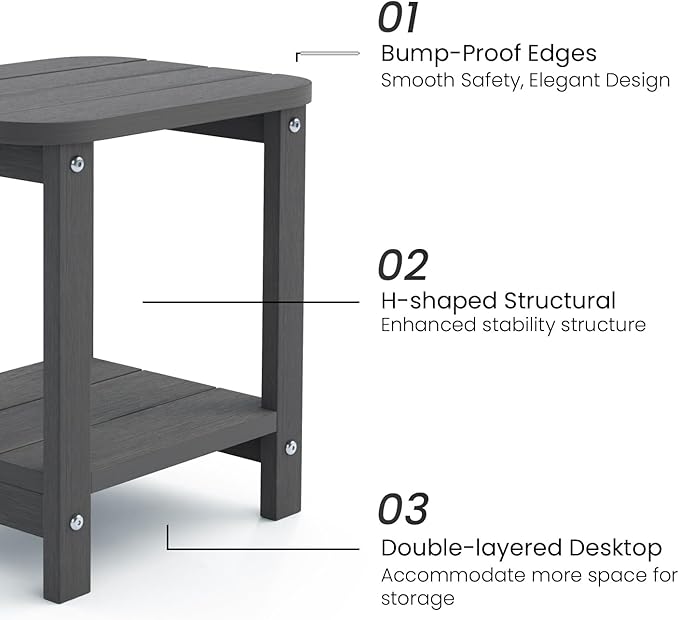 UQQUUNIQ 2-Tier Outdoor Side Table, 16" Adirondack Small Side Table All Weather Resistant, Patio End Table for Outside or Indoor, Patio, Yard, Pool, Porch, Garden, Grey