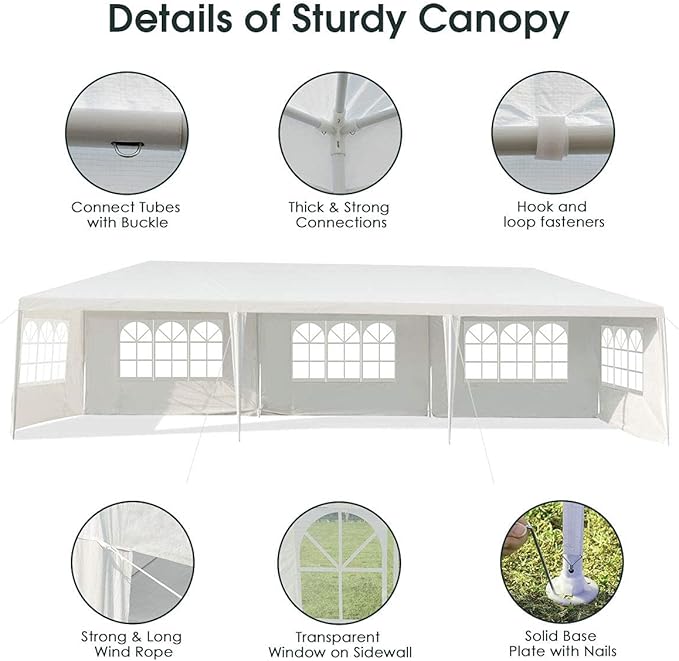 Tangkula 10' x 30' Party Tent, Portable Outdoor Tent with 5 Removable Sidewalls, and Connection Stakes, Ropes, Suitable for BBQ, Beach, Garden and Outdoor Events, Wedding Tent, White