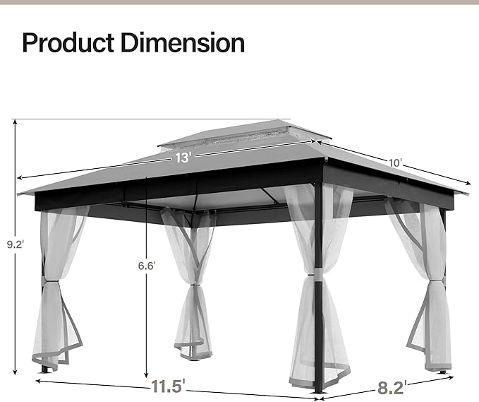 LAUSAINT HOME 10' X 13' Waterproof Patio Gazebo with Mosquito Netting, Double Roof Outdoor Gazebo Pavilion Shelter for Backyard, Garden, Lawn, Wedding (Grey)