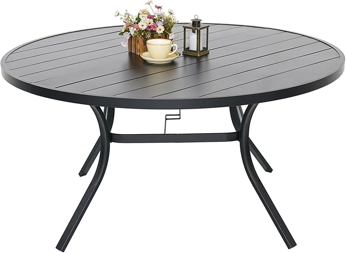Outdoor Patio Round Dining Table, 58"x 58" Metal Slatted Round Tabletop with Adjustable Umbrella Hole for Deck Lawn Garden Backyard Balcony Deck, Black