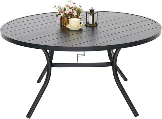 Outdoor Patio Round Dining Table, 58"x 58" Metal Slatted Round Tabletop with Adjustable Umbrella Hole for Deck Lawn Garden Backyard Balcony Deck, Black