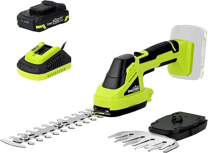 SnapFresh 20V Hedge Trimmer Cordless, 2 in 1 8.67" Electric Shrub Trimmer and 4.72” Grass Shears with 2.0Ah Battery and Charger, Handheld Grass Cutter/Bush Trimmer for Garden Yard