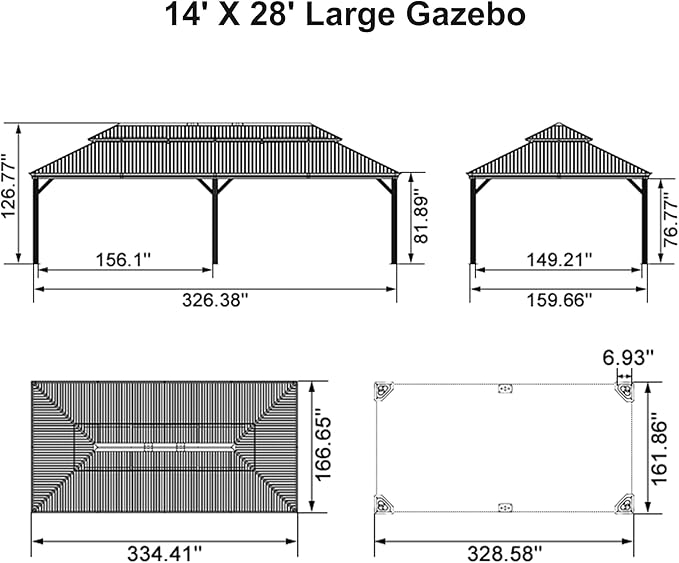 PURPLE LEAF Outdoor Gazebo 14'X28'，Champagne Hardtop Gazebo with Galvanized Steel Double Roof, Permanent Patio Gazebo with Curtains and Netting for Patio Lawn Garden and Deck