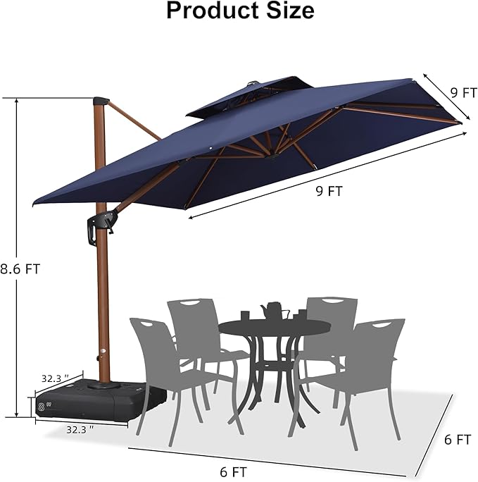 PURPLE LEAF Patio Umbrella with Base Outdoor Square Umbrella Large Cantilever Umbrella Windproof Offset Umbrella Heavy Duty Sun Umbrella for Garden Deck Pool Patio, 9ft Navy Blue