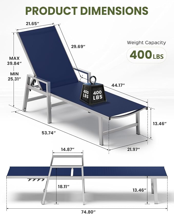 Patio Chaise Lounge Chair Outdoor with Wheels&Armrests, Aluminum Pool Lounge Chairs Set of 2 Five-Position Adjustable Recliner, Outdoor Beach Lounge Chairs for Poolside, Patio, Deck, Yard, Navy Blue