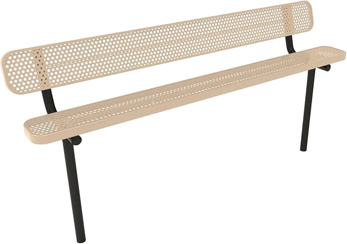 COATEDOUTDOORFURNITURE Coated Outdoor Furniture Heavy-Duty Outdoor Bench Thermoplastic Coated, Punched Steel, Commercial-Grade Seating, Made in America (Inground with Back, 8 Ft, Tan)