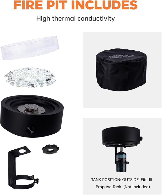 14-inch Tabletop Propane Fire Pit, Outdoor Gas Umbrella-Hole Fire Pit, Portable Fireplace Round Fire Bowl with Wind Glass Guard, Glass Rocks - Black