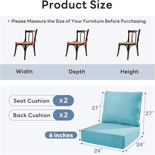 6" Thicker Outdoor Chair Cushion 2 Sets - 24" *24" *6" Waterproof Patio Furniture Cushions with Removable Cover, 28D High Density Sponge Filling Thicken Outdoor Patio Cushions - Turquoise