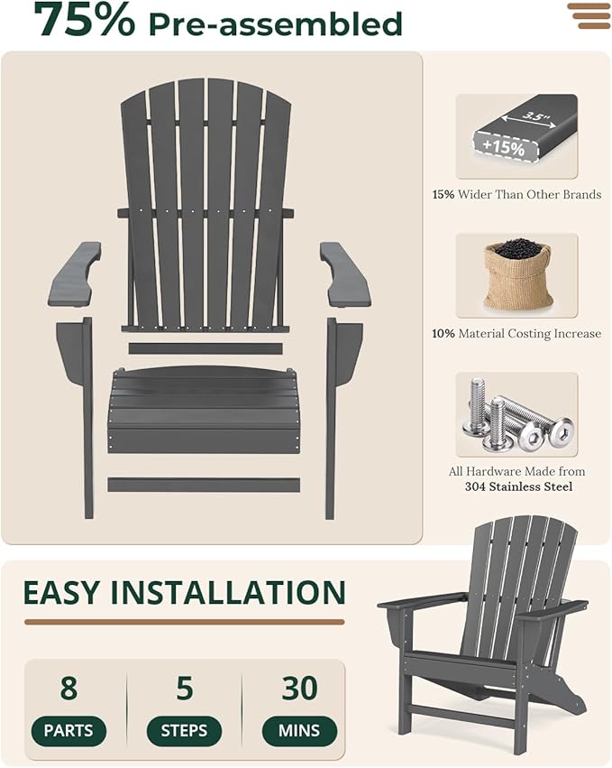 BRIOPAWS Adirondack-Chair | Fire Pit Chair | Oversized | HDPE Plastic | Weather Resistant | for Deck Outdoor Poolside Campfire | Grey