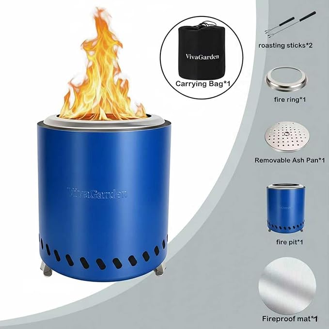 9.5 X 8.6 Inch Tabletop Fire Pit, VivaGarden Portable Firepit, Smokeless Table Top Firepit, Safe Burning Camping Stove, Fueled by Pellets or Wood, Forks, Mat & Travel Bag Included, Blue