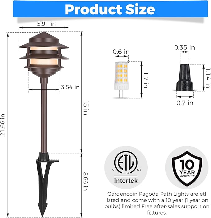 Gardencoin Pagoda Low Voltage Landscape Pathway Lights, 12V Outdoor LED Path Lights Wired, Aluminum Walkway Lighting with 4W 2700K Replaceable G4 Bulb, Bronze Classic 3-Tier Lantern, 12 Pack