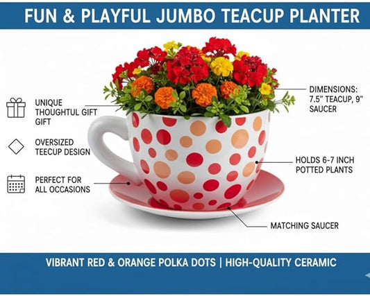 7.5" Round Ceramic Teacup Shape Planter Pot with Saucer for Succulents Orchids Herbs Cactus Indoor Houseplants Flowers for Home Garden and Event Decor – Orange Polka Dot Planter