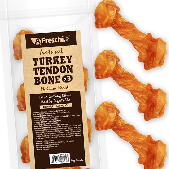 AFreschi Turkey Tendon of Dog Bones Shape, USA-Sourced, Limited-Ingredient, Rawhide-Free, Long-Lasting, All-Natural Dog Treats for Medium Dogs, 3 Count Pack (M)