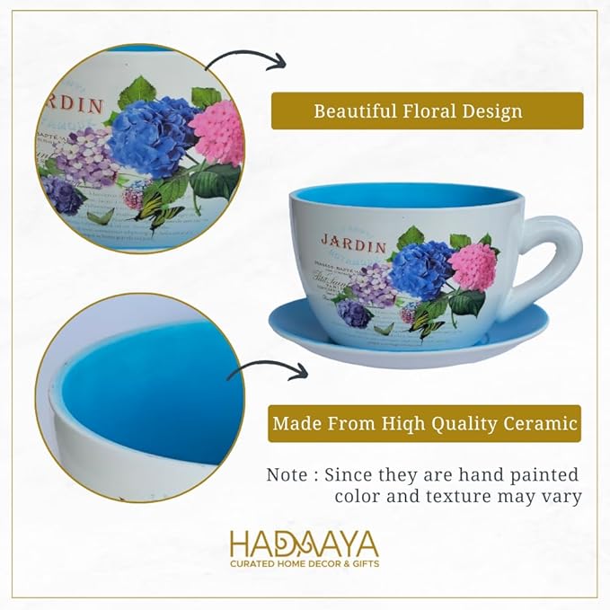 7.5” Round Ceramic Teacup Shape Planter Pot with Saucer for Succulents Orchid Herbs Cactus Indoor Houseplants Flowers for Home Garden and Event Decor – Yellow Butterfly Garden