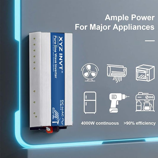 4000W Pure Sine Wave Inverter 48V to 120V AC, 8000W Peak Power - Portable Power Converter for Solar System, Off-Grid Home, RV, Truck & Camping
