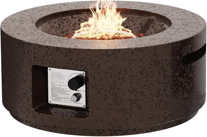 SUNBURY Outdoor Fire Pit, 28 inches Round Propane Gas Patio Fire Table 40,000 BTU Concrete Travertine Design, Circular Base Small Firepit with Lava Rocks, Waterproof Cover (Dark Brown)