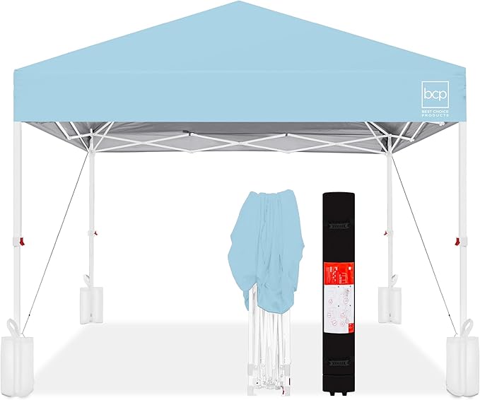 Best Choice Products 8x8ft 1-Person Setup Pop Up Canopy Tent Instant Portable Shelter w/ 1-Button Push, Case, 4 Weight Bags - French Blue/White