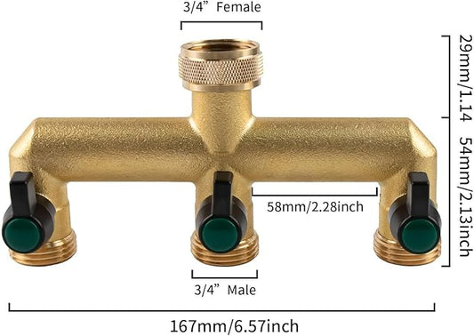 Hose Splitter, 3 Way Heavy Duty Brass Garden Hose Splitter, Outdoor Faucet Splitter, for 3/4" Hose Connector, Hose Spigot Adapter with 3 Individual ON/Off Valves