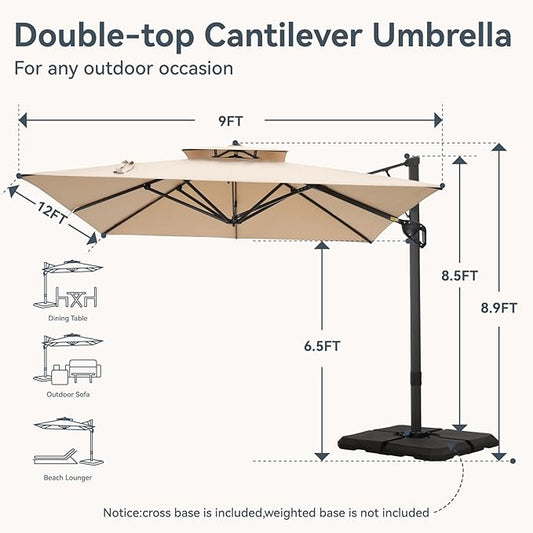 GREEN PARTY 12x9 ft Cantilever Patio Umbrella, Rectangle Offset Outdoor Umbrellas with 360° Rotation, 5-Year-Non-Fading Hanging Pool Umbrella for Garden Deck Poolside - Beige