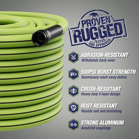 Rugged Rhino Heavy Duty Flexible Light Weight Garden Hose, 100ft x 5/8in, 4 Layer Leakproof Outdoor Gardening Tools, Watering Supplies, Powerful Water Pressure for Lawn, Flowers, Green Black