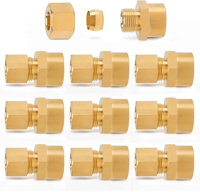 ChillWaves Brass Compression Tube Fitting, 1/4" OD x 1/4" NPT Female Compression Union Connector(10-PACK)