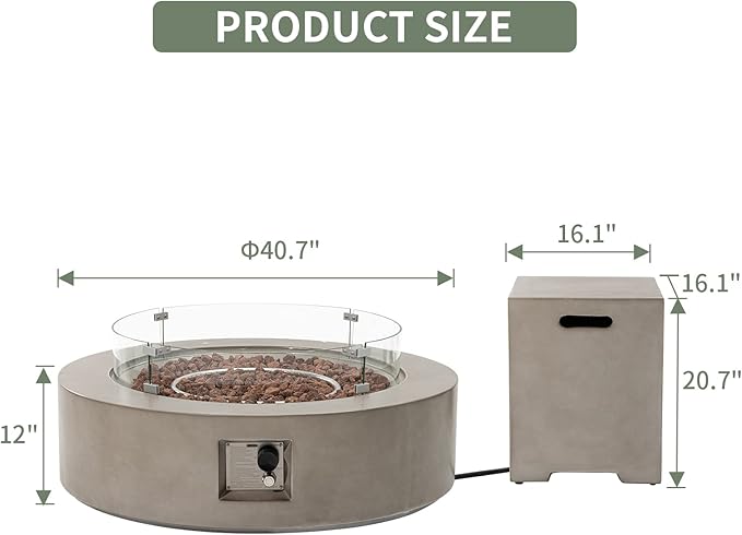 COSIEST 2-Piece Outdoor Propane Firepit Table Set w Tank Table, 42" Fire Table Certified, 50,000 BTU w Gray Round Base,Wind Guard and 16 inches Tank Side Table 20lb for Garden,Pool