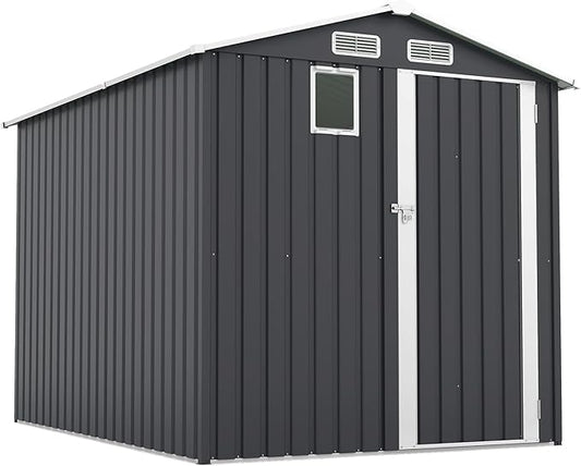 6x8 FT Outdoor Metal Storage Shed with Lockable Door, Steel Garden Utility Shed with Vents and Window, Backyard Patio Tool Shed for Lawn Equipment, Bike, Firewood and Mower Storage, Gray