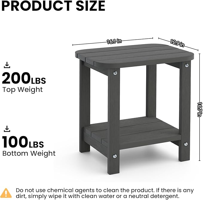 UQQUUNIQ 2-Tier Outdoor Side Table, 16" Adirondack Small Side Table All Weather Resistant, Patio End Table for Outside or Indoor, Patio, Yard, Pool, Porch, Garden, Grey