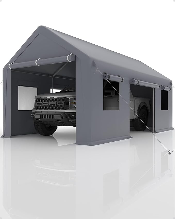 12x20 Ft Carport, Heavy Duty Portable Garage with Roll-Up Doors & 4 Windows,200g PE Tarp Waterproof & UV Protected,All-Weather Design,for Car, Boat, Truck, Motorcycle, ATVs, and SUV