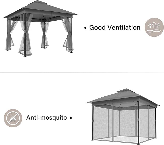 LAUSAINT HOME 10' X 10' Waterproof Patio Gazebo with Mosquito Netting, Double Roof Outdoor Gazebo Pavilion Shelter for Backyard, Garden, Lawn, Wedding (Grey)