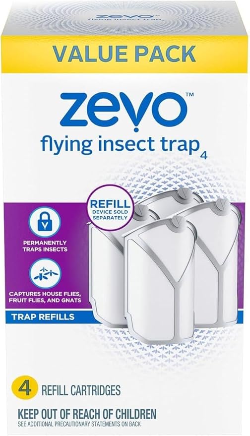 Zevo Refill Cartridges for Flying Insect Trap, 4 Count – Safe, No Spray, No Chemicals, Indoor Use