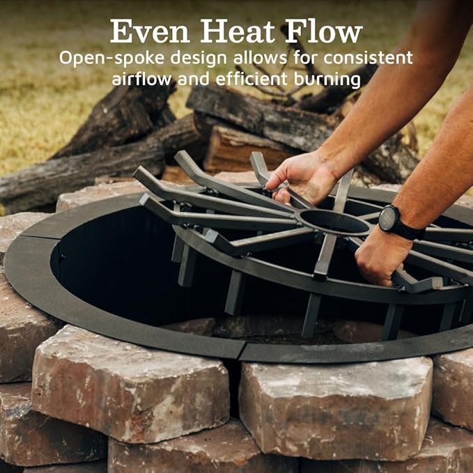 Ash & Ember 32" Wagon Wheel Fire Grate, High-Efficiency Smoke-Free Fireplace Log Grate, Decorative Wood Burning Lifted Grate Pit, Sandblasted Steel with Light Oil Coating