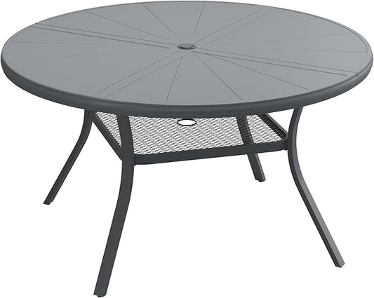 VICLLAX Round Patio Dining Table, 4-6 Person Aluminum Outdoor Dining Table with Umbrella Hole and Storage Shelf for Garden Lawn Deck, 47.2" Dark Grey