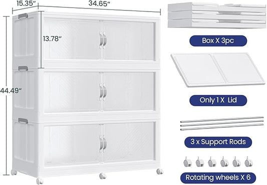 720QT Plastic Stackable Storage Bins with Lid, 180GAL Extra Large Collapsible Box with Wheels Clear Door, Foldable Closet Organizer Container Cabinet Drawer for Home Kitchen，3Pack, White