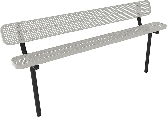 COATEDOUTDOORFURNITURE Coated Outdoor Furniture Heavy-Duty Outdoor Bench Thermoplastic Coated, Punched Steel, Commercial-Grade Seating, Made in America (Inground with Back, 8 Ft, Textured Grey)