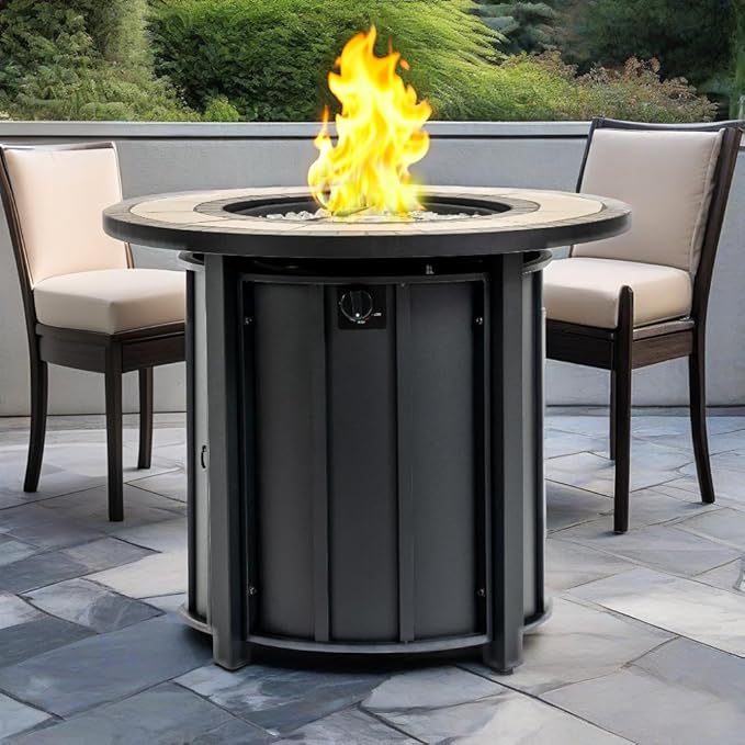 30'' Marble Ceramic Round Propane Fire Pit Table, 50,000 BTU Gas FirePit for Outdoor, Fire Table with Lid, Warmth & Ambience to Gatherings and Parties On Patio Deck Garden Backyard, Black.
