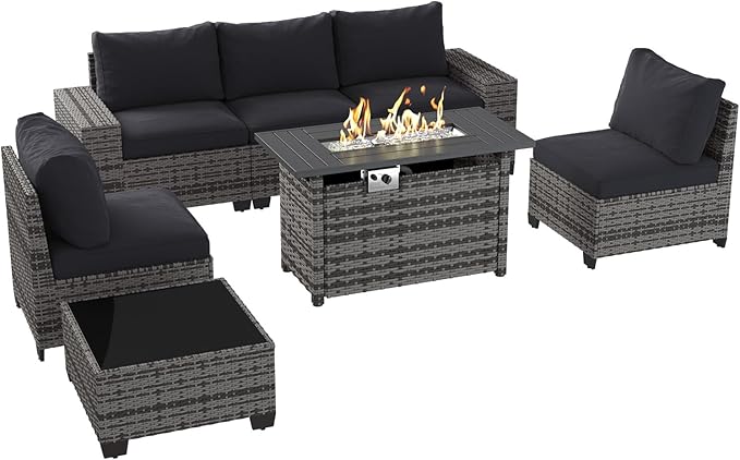 Aoxun Outdoor Patio Furniture Set with 44'' Fire Pit Table, 7 Pcs Outdoor Patio Furniture Sets with 4in Thicken Cushion, Widen Armrests Wicker Outdoor Sectional for Backyard (Waterproof Cover Include)