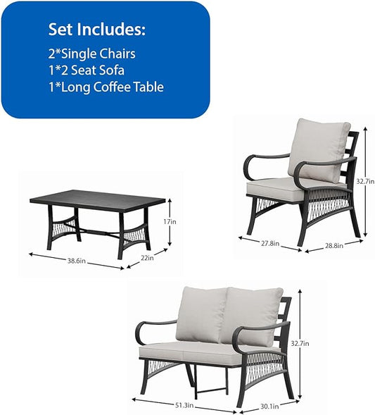 4 Piece Patio Furniture Set, All Weather Outdoor Sectional Sofa Conversation Set with Thick Cushions and Metal Coffee Table for Garden, Porch, Lawn, Beige