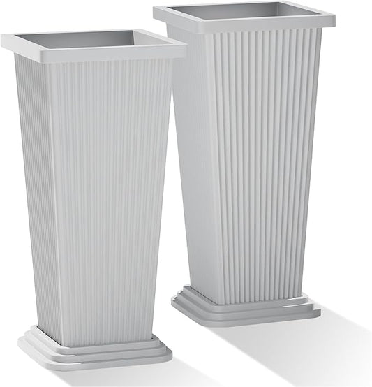 Tall Planters Set of 2, Large Indoor Outdoor Flower Pots with Tray Modern Tapered Planter for Patio, Garden, Porch, Backyard (White Ribbed 24")